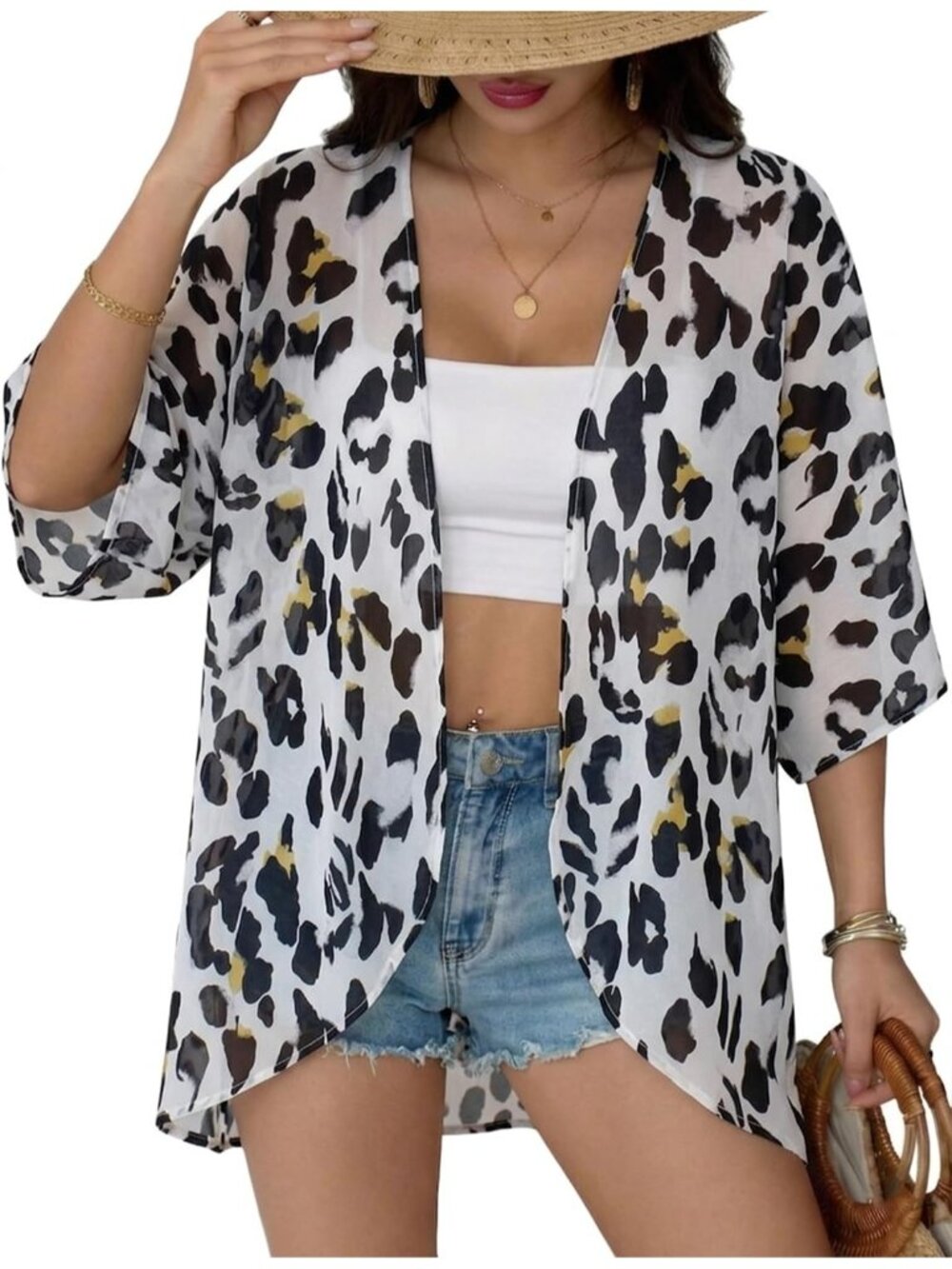 Women's Snow Leopard Chiffon Kimono Cardigan Open Front Blouse Swimwear Cover Up